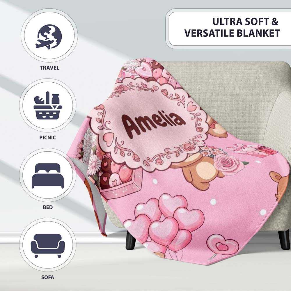 Cute Teddy Bears Gifts Hearts Soft Pink Background Seamless Pattern Personalised Custom Name Super Soft Fleece Blanket Bed Sofa Throw