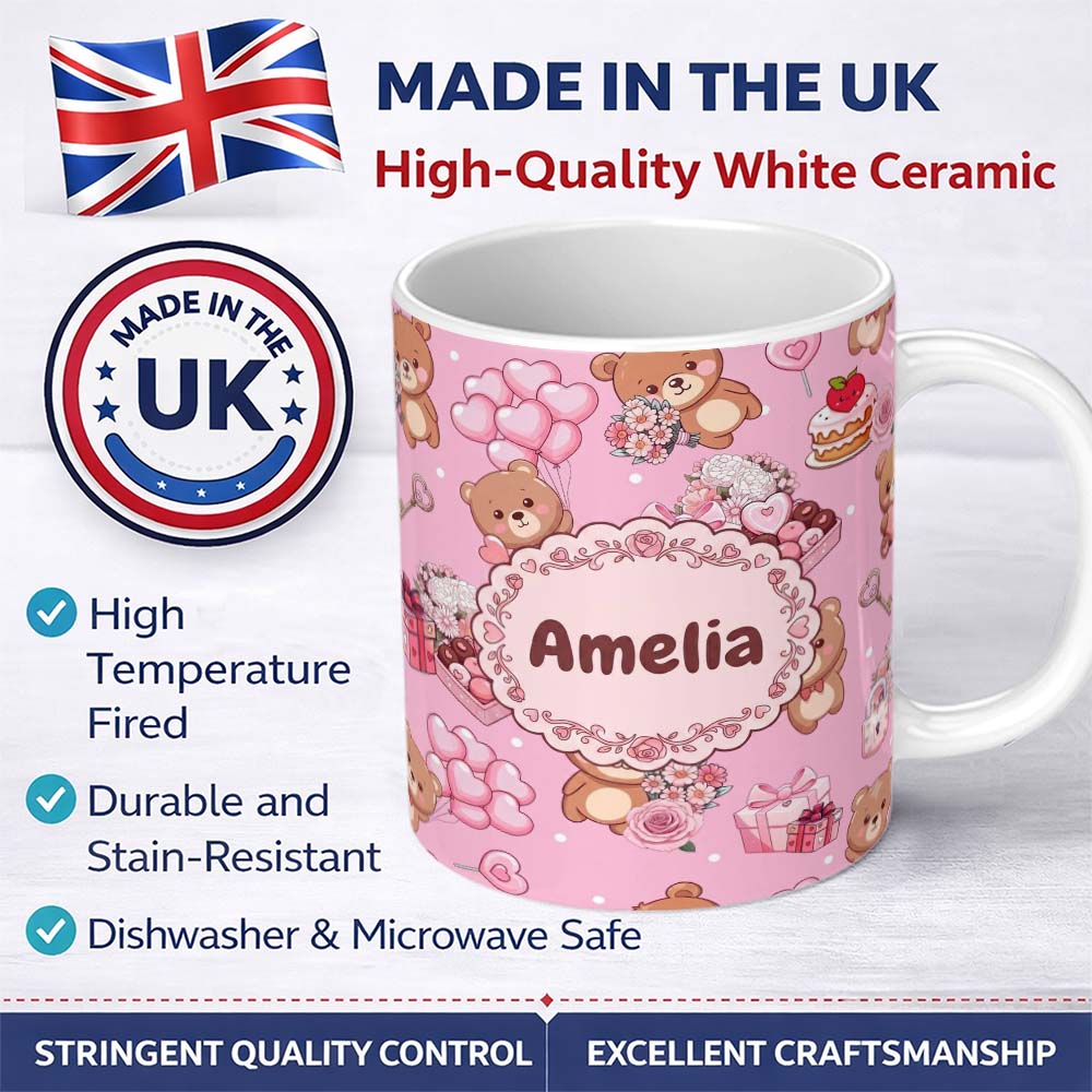 Personalized Custom Name Cute Teddy Bears Gifts Hearts Soft Pink Background Seamless Pattern 11oz Ceramic Coffee Tea Mug White Large Handle