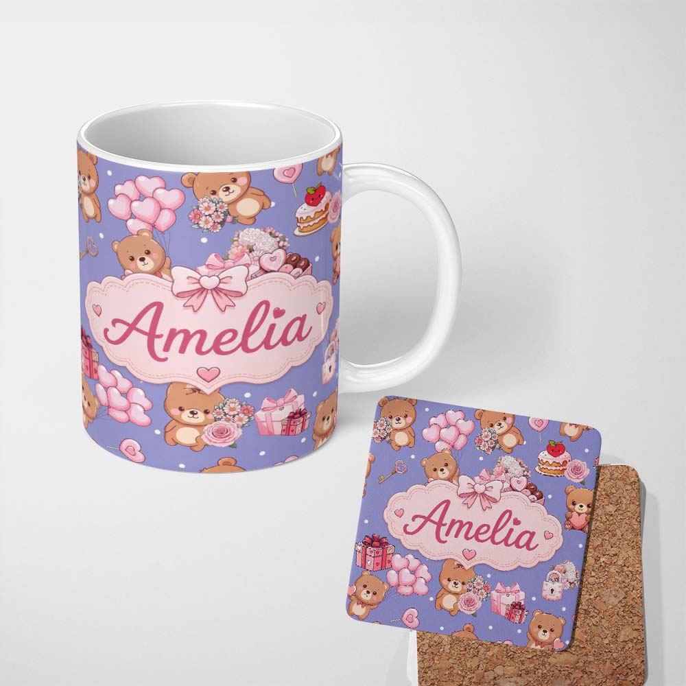 Personalized Custom Name Cute Teddy Bear Hearts Gifts Chocolates Valentine Seamless Pattern 11oz Ceramic Coffee Tea Mug White Large Handle