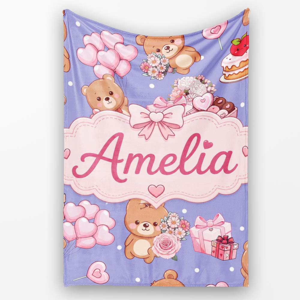 Cute Teddy Bear Hearts Gifts Chocolates Valentine Seamless Pattern Personalised Custom Name Super Soft Fleece Blanket Bed Sofa Throw