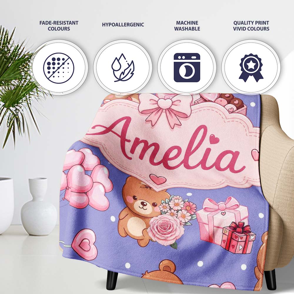 Cute Teddy Bear Hearts Gifts Chocolates Valentine Seamless Pattern Personalised Custom Name Super Soft Fleece Blanket Bed Sofa Throw
