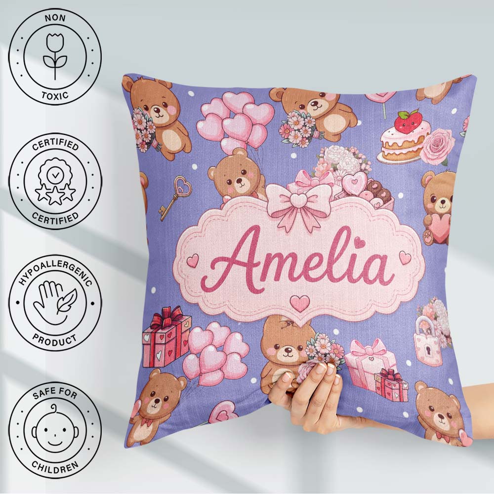 Custom Name Teddy Bear Hearts Gifts Chocolates Valentine Pattern Square Filled Cushion Throw Pillow Sofa Bed Home Decor Zip Washable UK Made