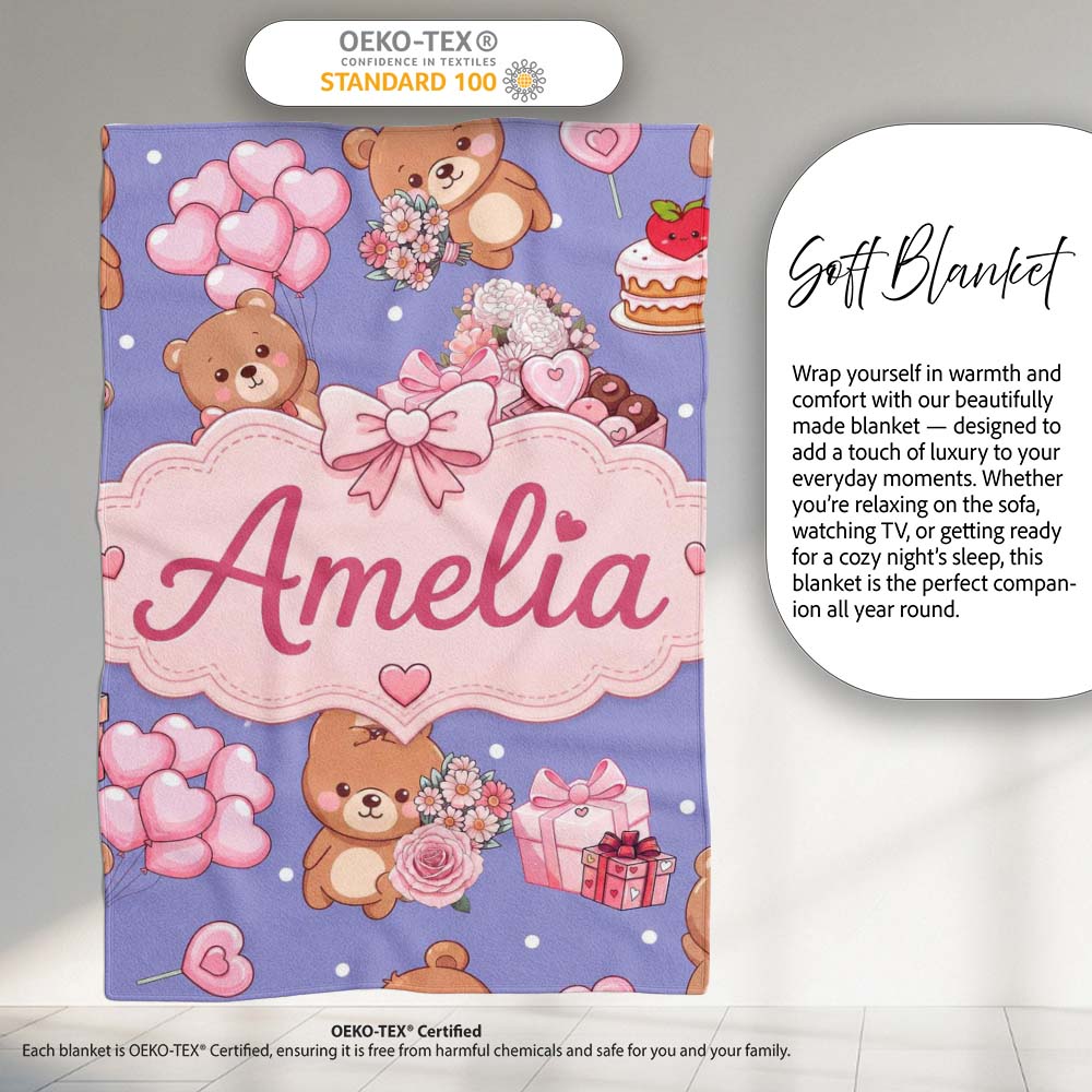 Cute Teddy Bear Hearts Gifts Chocolates Valentine Seamless Pattern Personalised Custom Name Super Soft Fleece Blanket Bed Sofa Throw