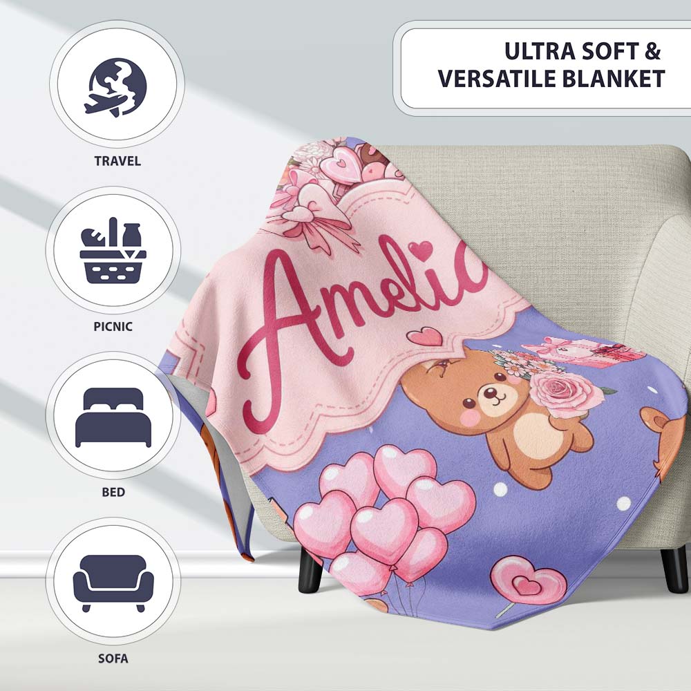 Cute Teddy Bear Hearts Gifts Chocolates Valentine Seamless Pattern Personalised Custom Name Super Soft Fleece Blanket Bed Sofa Throw