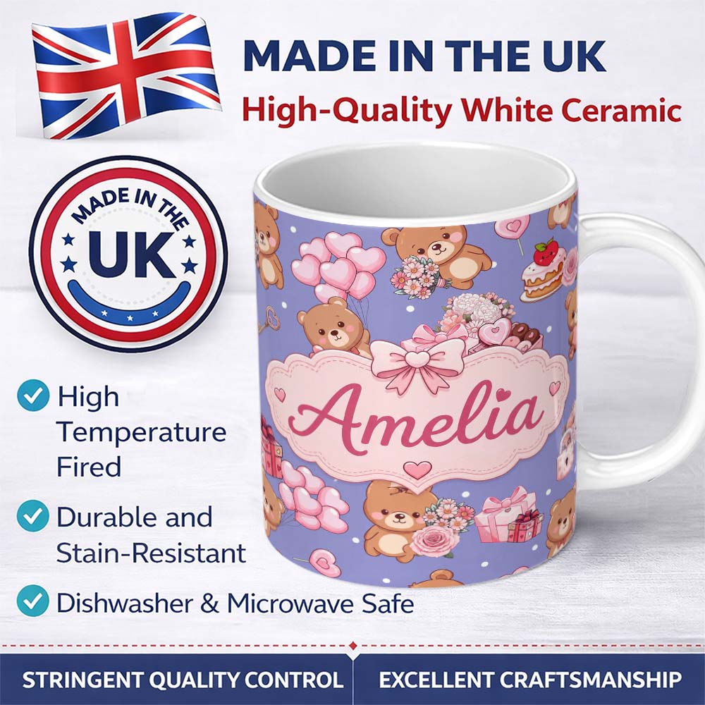 Personalized Custom Name Cute Teddy Bear Hearts Gifts Chocolates Valentine Seamless Pattern 11oz Ceramic Coffee Tea Mug White Large Handle
