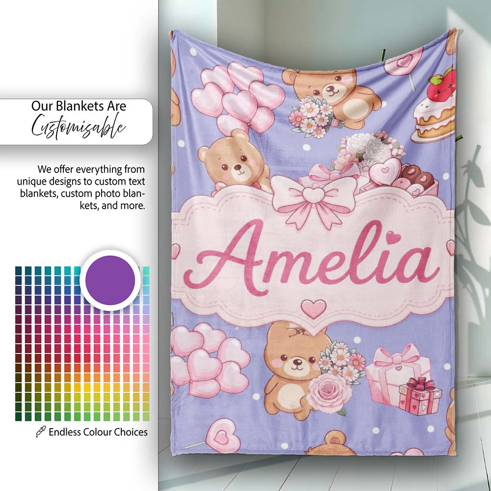 Cute Teddy Bear Hearts Gifts Chocolates Valentine Seamless Pattern Personalised Custom Name Super Soft Fleece Blanket Bed Sofa Throw