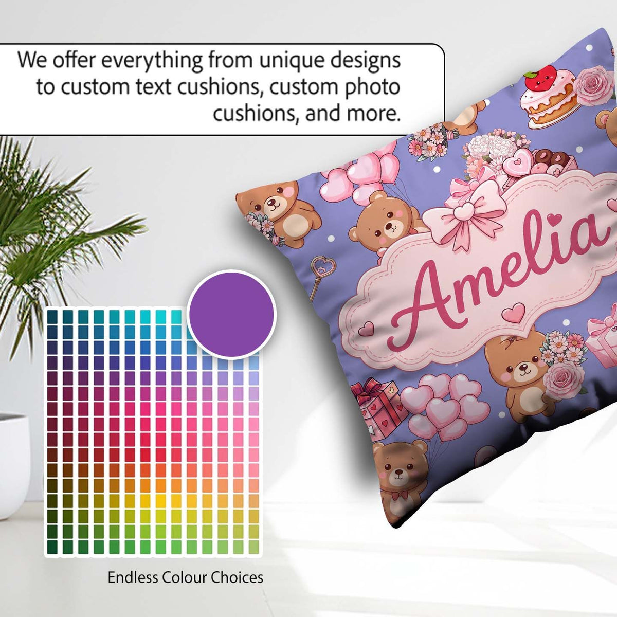 Custom Name Teddy Bear Hearts Gifts Chocolates Valentine Pattern Square Filled Cushion Throw Pillow Sofa Bed Home Decor Zip Washable UK Made