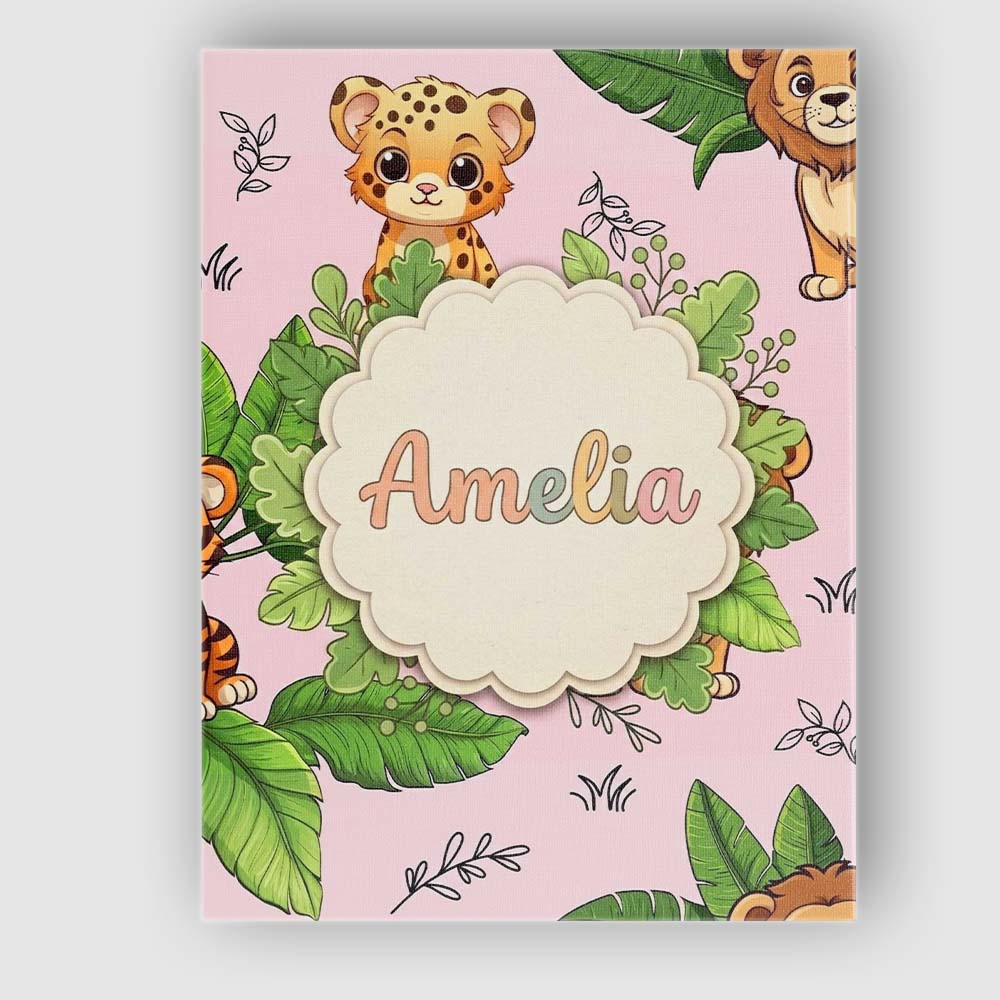 Personalised Name Cute Jungle Animals Lion Tiger Leopard Soft Beige Custom Canvas Wall Art Print Decor Picture Ready to Hang