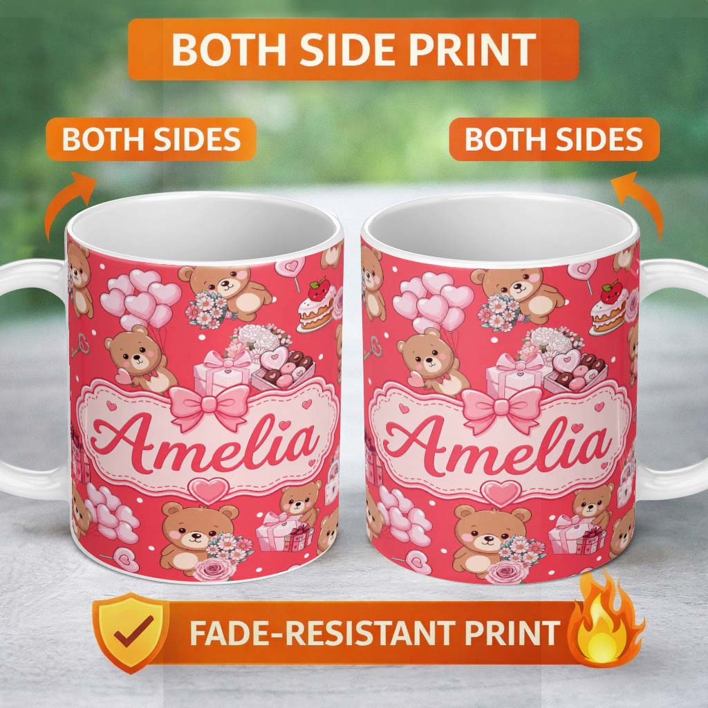 Personalized Custom Name Teddy Bear Hearts Gifts Chocolates Valentine Seamless Pattern Red 11oz Ceramic Coffee Tea Mug White Large Handle