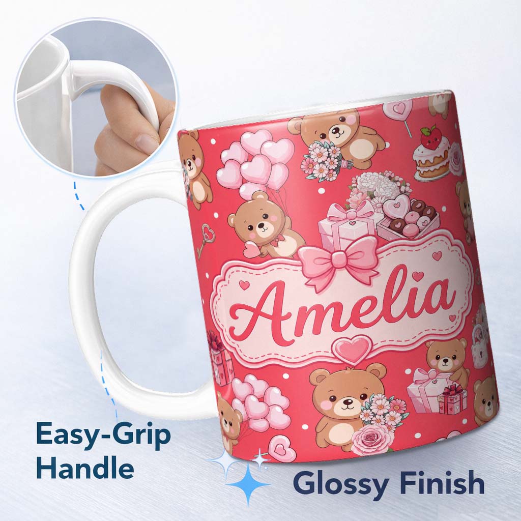 Personalized Custom Name Teddy Bear Hearts Gifts Chocolates Valentine Seamless Pattern Red 11oz Ceramic Coffee Tea Mug White Large Handle