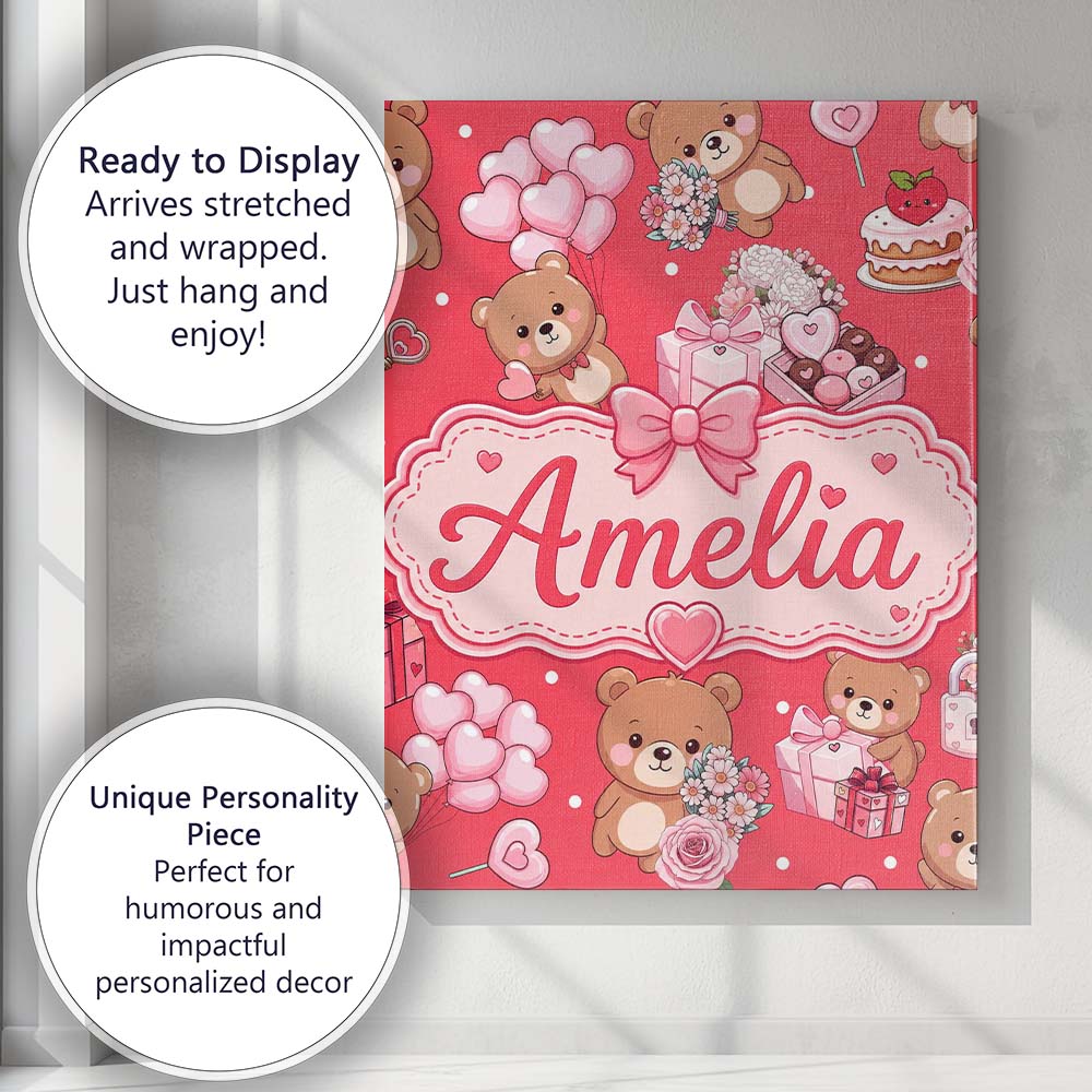 Personalised Name Teddy Bear Hearts Gifts Custom Unique Gift Idea Elegant Feature Canvas Wall Art Print Decor Picture Ready to Hang