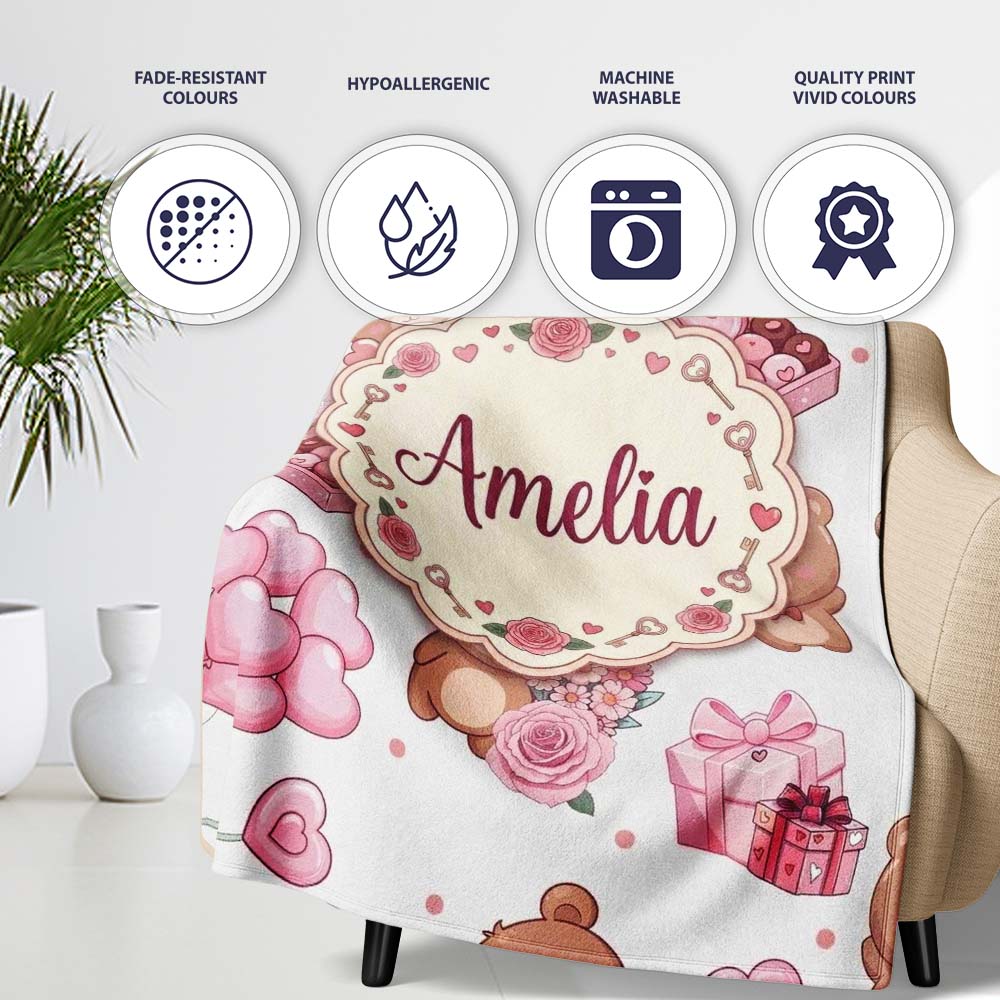 Teddy Bear Hearts Gifts Chocolates Valentine Seamless Pattern Grey Personalised Custom Name Super Soft Fleece Blanket Bed Sofa Throw