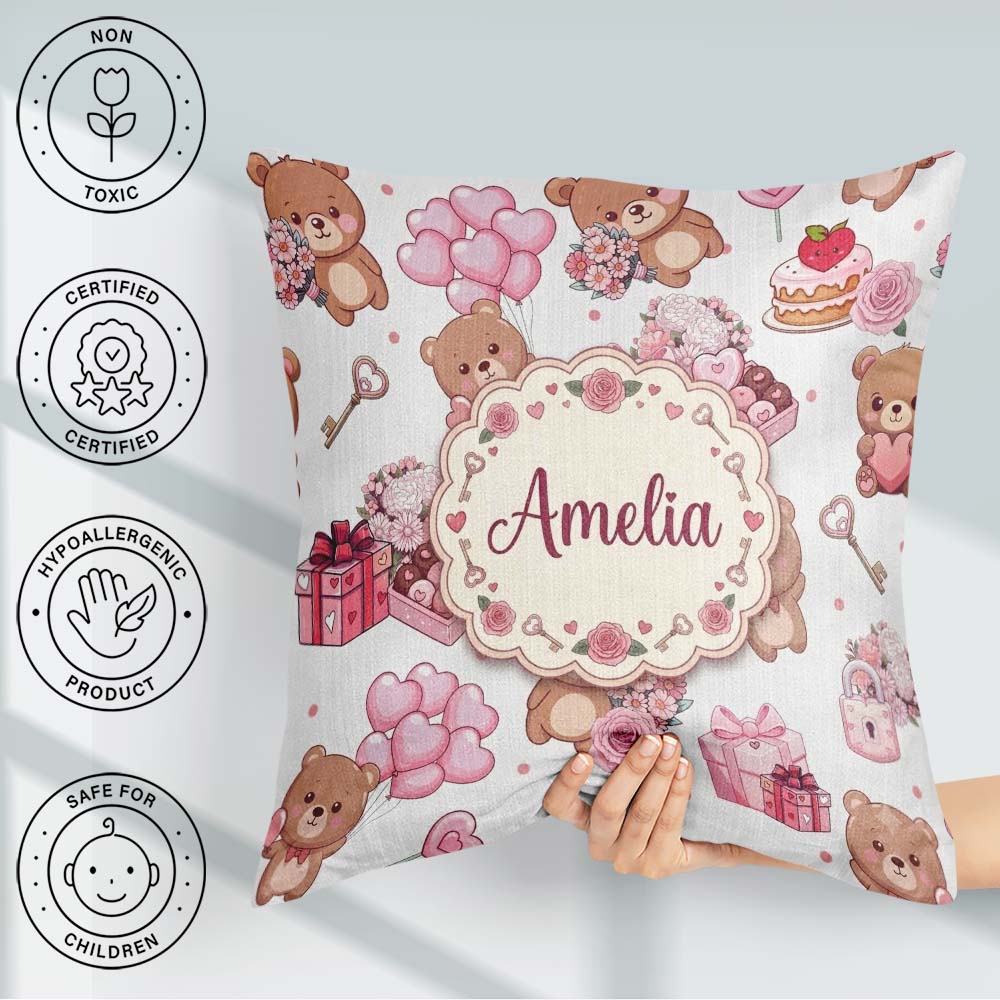 Custom Name Teddy Bear Hearts Gifts Chocolates Valentine Pattern Square Filled Cushion Throw Pillow Sofa Bed Home Decor Zip Washable UK Made