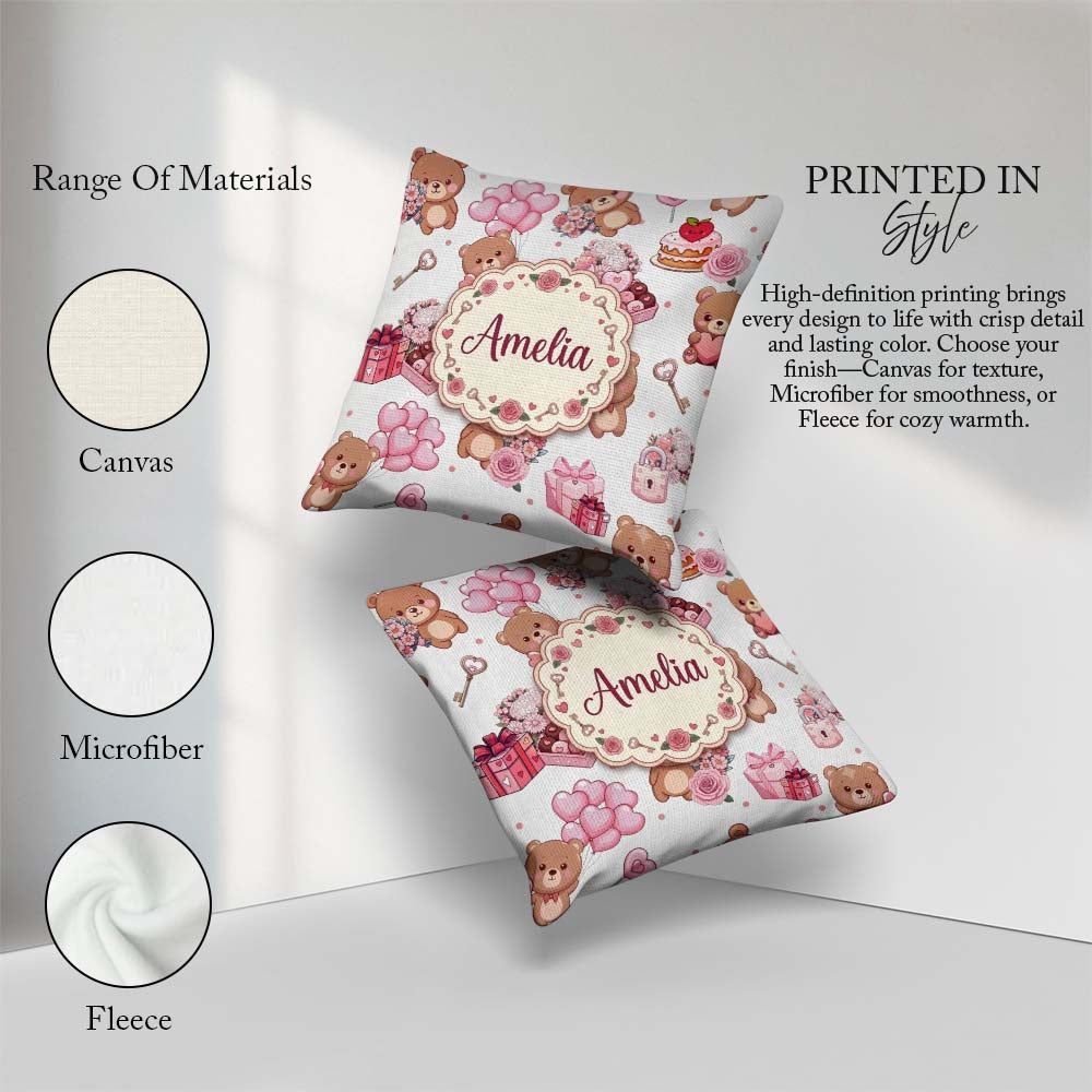 Custom Name Teddy Bear Hearts Gifts Chocolates Valentine Pattern Square Filled Cushion Throw Pillow Sofa Bed Home Decor Zip Washable UK Made