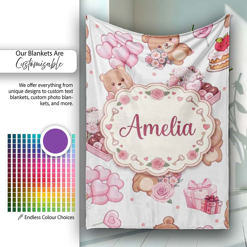 Teddy Bear Hearts Gifts Chocolates Valentine Seamless Pattern Grey Personalised Custom Name Super Soft Fleece Blanket Bed Sofa Throw