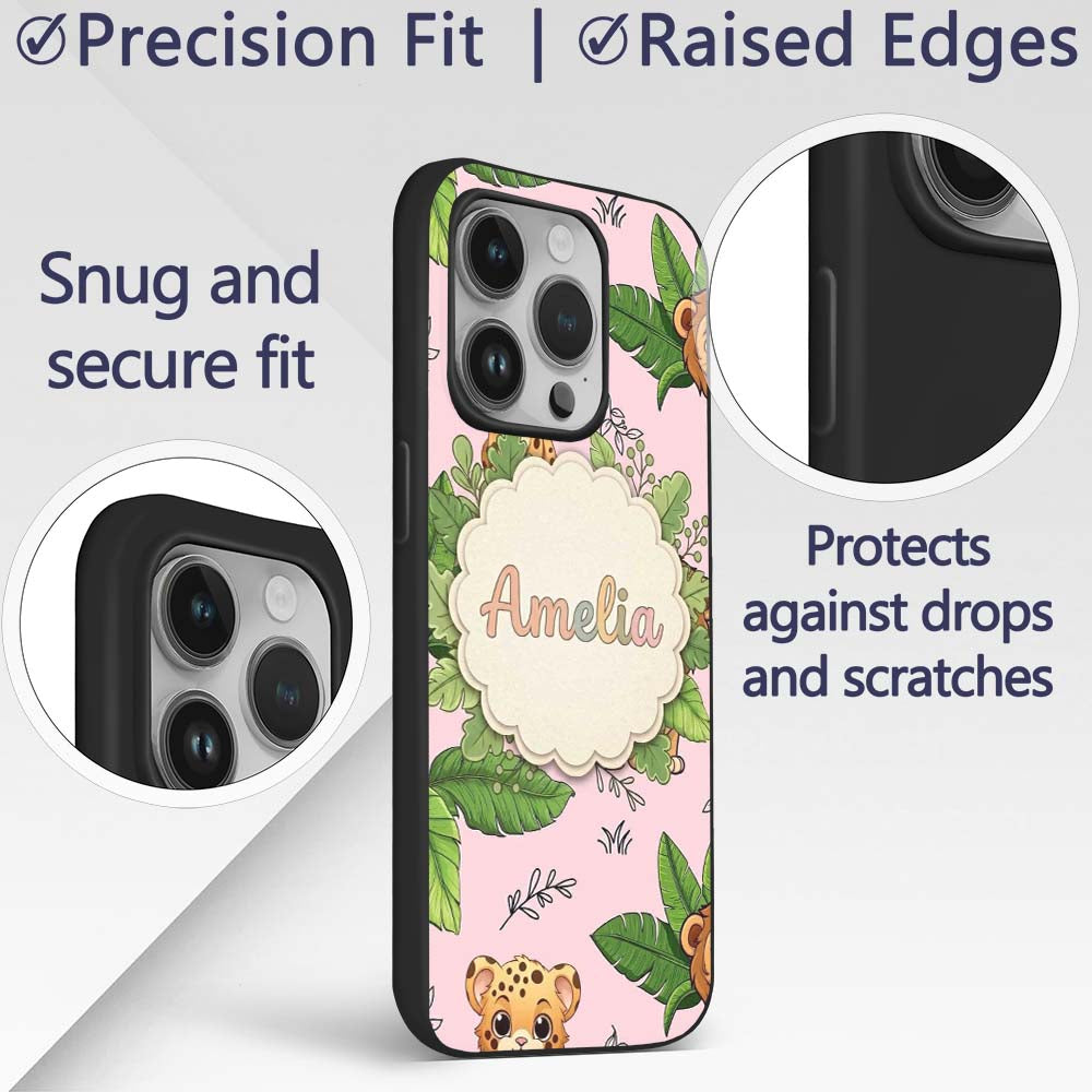 Cute Jungle Animals Lion Tiger Leopard Soft Beige Custom Name Protective Phone Case Mobile Cover Durable Everyday Smartphone Shock Resistant