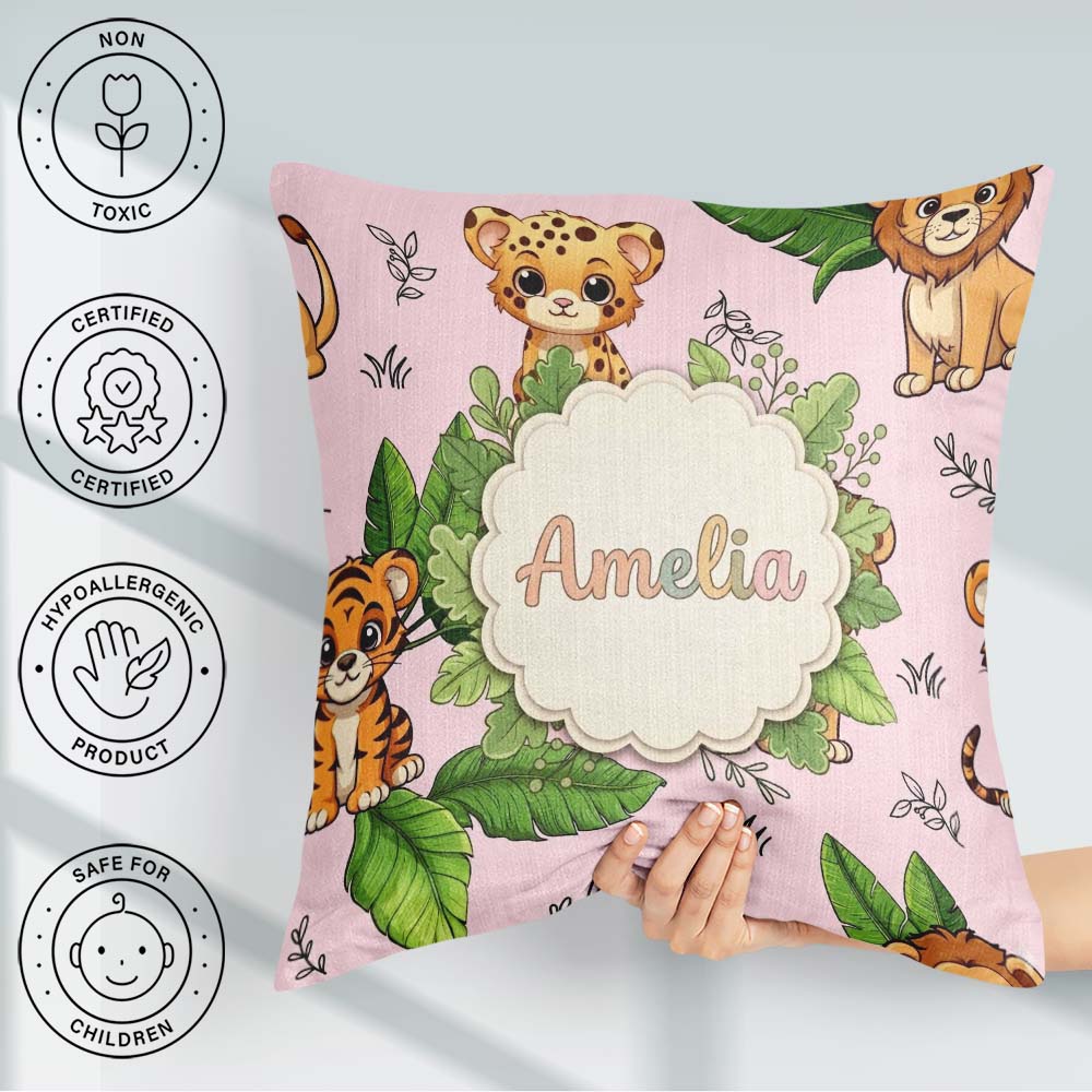 Custom Name Cute Jungle Animals Lion Tiger Soft Beige Background Square Filled Cushion Throw Pillow Sofa Bed Home Decor Zip Washable UK Made