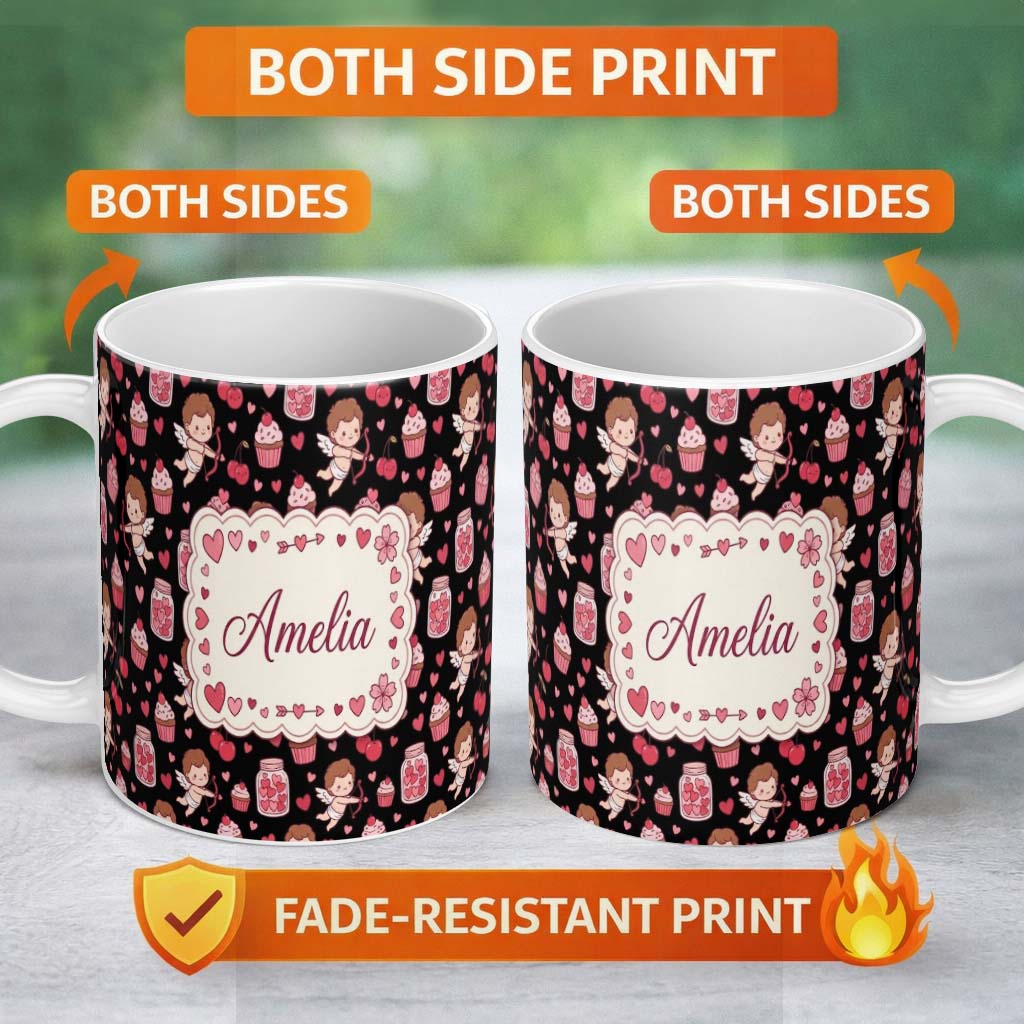 Personalized Custom Name Cupid Angels Hearts Sweets Kawaii Valentine Seamless Pattern Name 11oz Ceramic Coffee Tea Mug White Large Handle