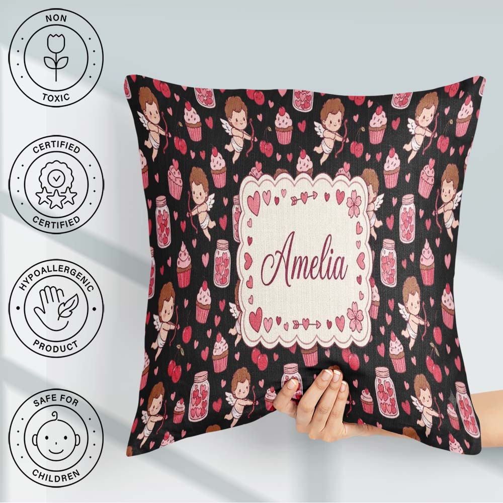 Custom Name Cupid Angels Hearts Sweets Kawaii Valentine Seamless Square Filled Cushion Throw Pillow Sofa Bed Home Decor Zip Washable UK Made