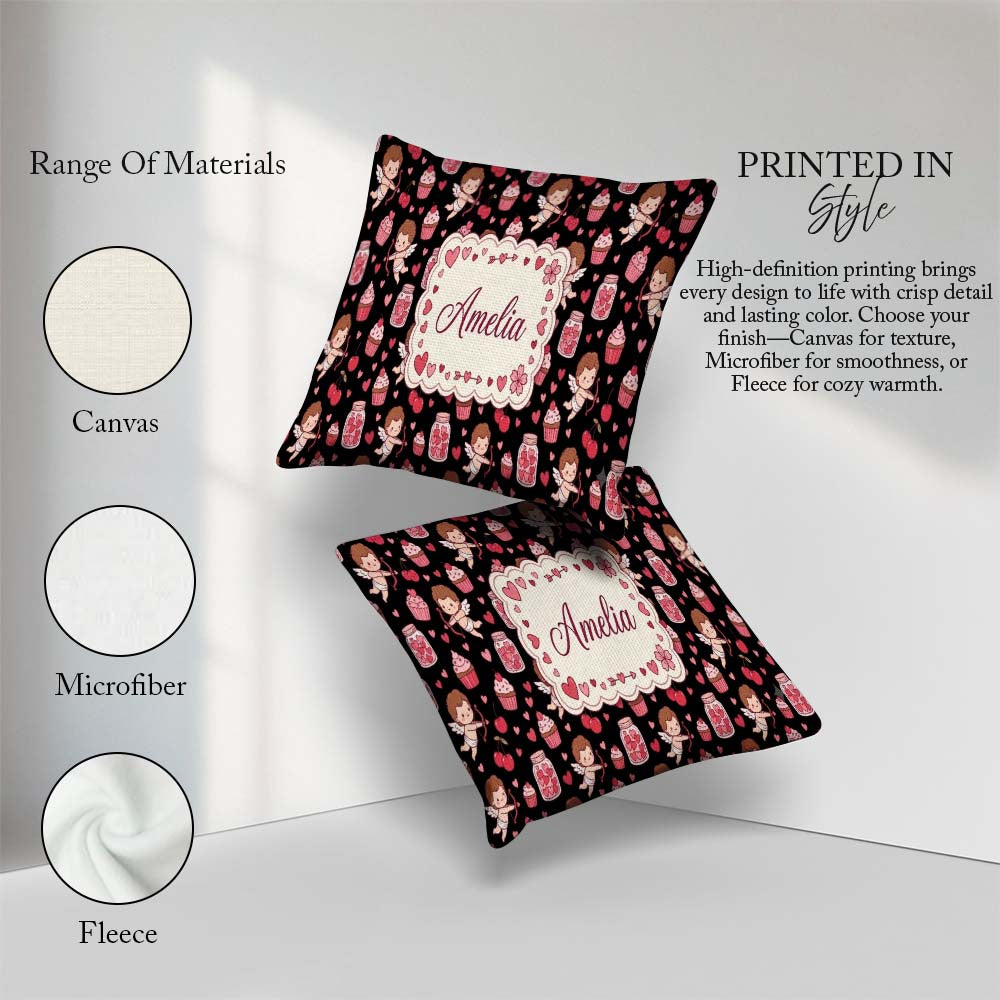 Custom Name Cupid Angels Hearts Sweets Kawaii Valentine Seamless Square Filled Cushion Throw Pillow Sofa Bed Home Decor Zip Washable UK Made