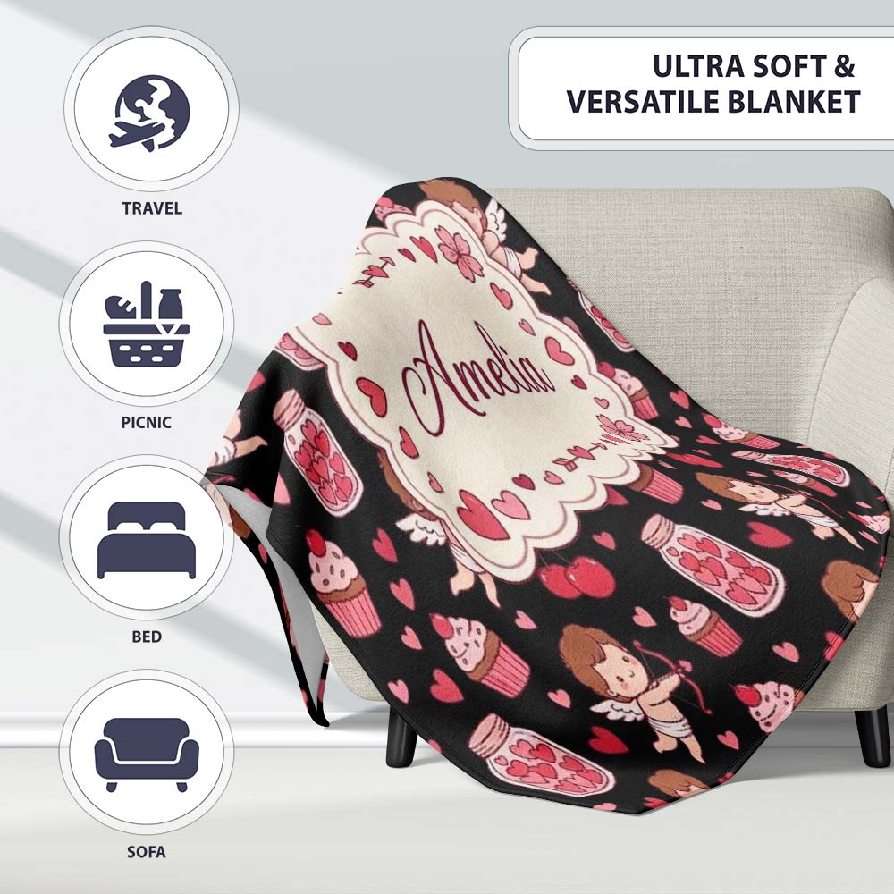 Cupid Angels Hearts Sweets Kawaii Valentine Seamless Pattern Name Personalised Custom Name Super Soft Fleece Blanket Bed Sofa Throw