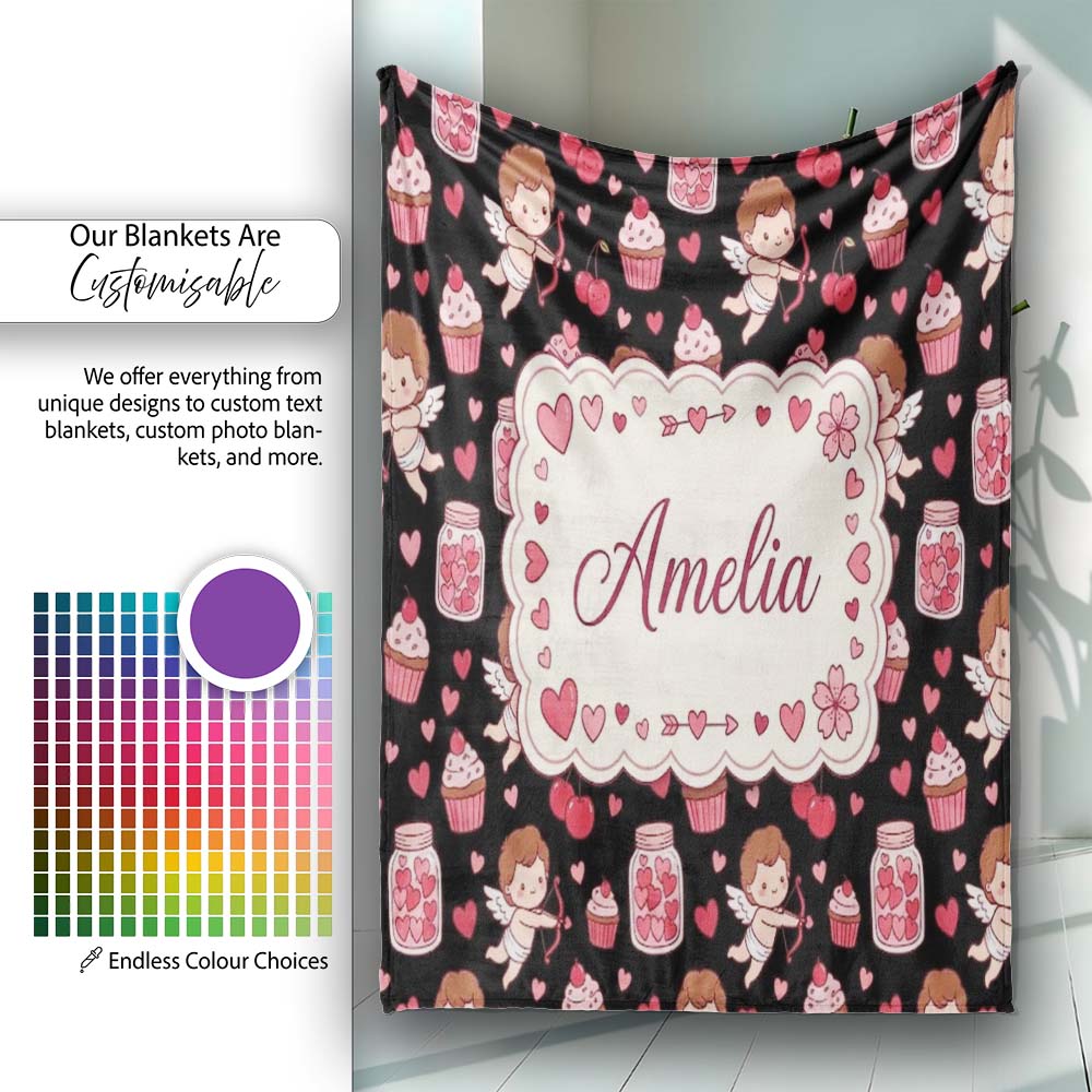 Cupid Angels Hearts Sweets Kawaii Valentine Seamless Pattern Name Personalised Custom Name Super Soft Fleece Blanket Bed Sofa Throw