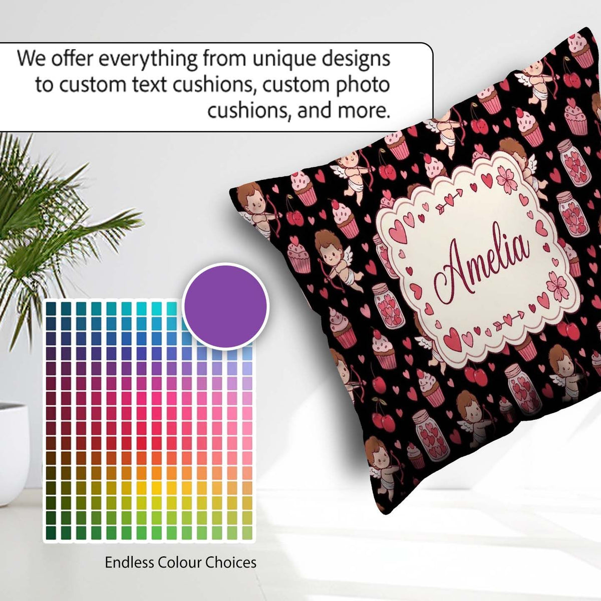 Custom Name Cupid Angels Hearts Sweets Kawaii Valentine Seamless Square Filled Cushion Throw Pillow Sofa Bed Home Decor Zip Washable UK Made