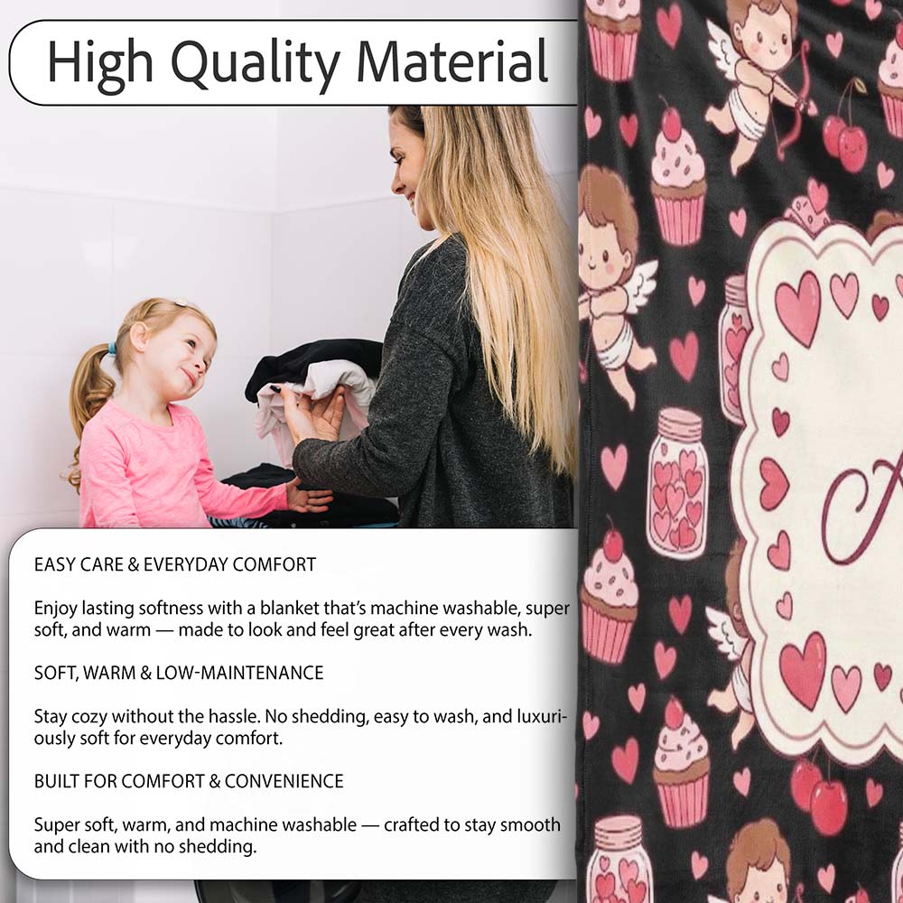 Cupid Angels Hearts Sweets Kawaii Valentine Seamless Pattern Name Personalised Custom Name Super Soft Fleece Blanket Bed Sofa Throw