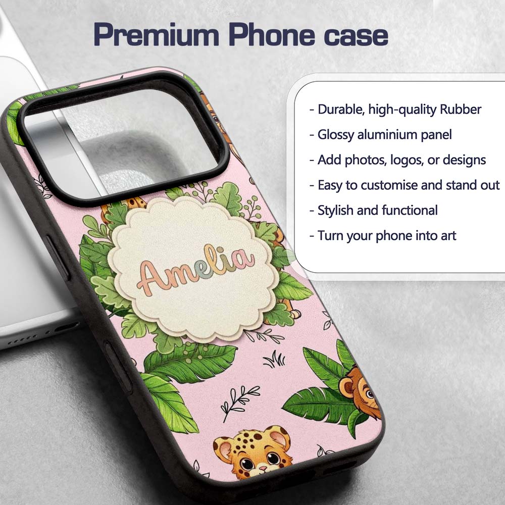 Cute Jungle Animals Lion Tiger Leopard Soft Beige Custom Name Protective Phone Case Mobile Cover Durable Everyday Smartphone Shock Resistant