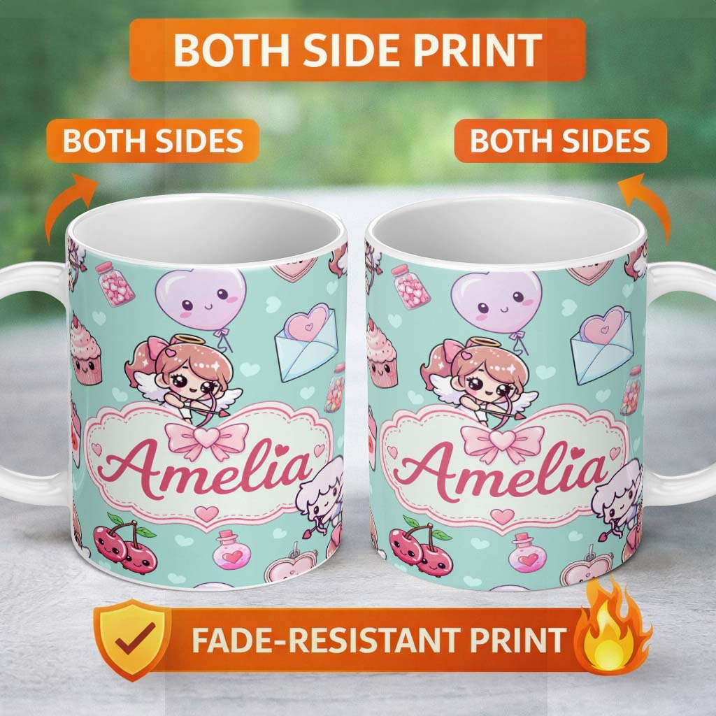 Personalized Custom Name Cupid Angels Hearts Sweets Kawaii Valentine Seamless Pattern Mint 11oz Ceramic Coffee Tea Mug White Large Handle