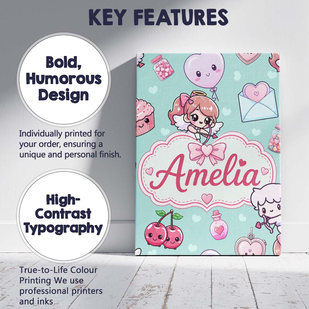 Personalised Name Cupid Angels Hearts Custom Modern Room Accent Creative Decorator Style Canvas Wall Art Print Decor Picture Ready to Hang