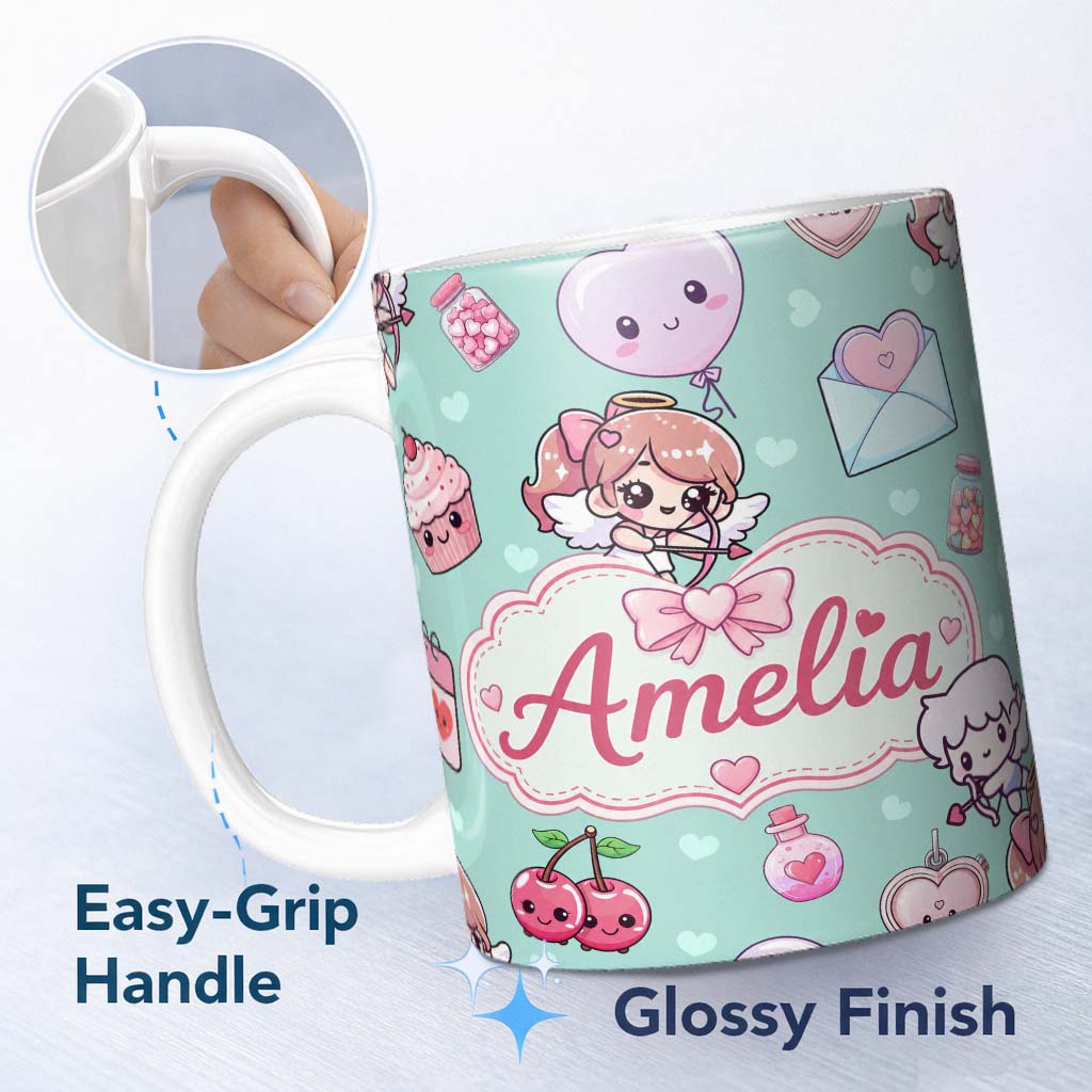 Personalized Custom Name Cupid Angels Hearts Sweets Kawaii Valentine Seamless Pattern Mint 11oz Ceramic Coffee Tea Mug White Large Handle