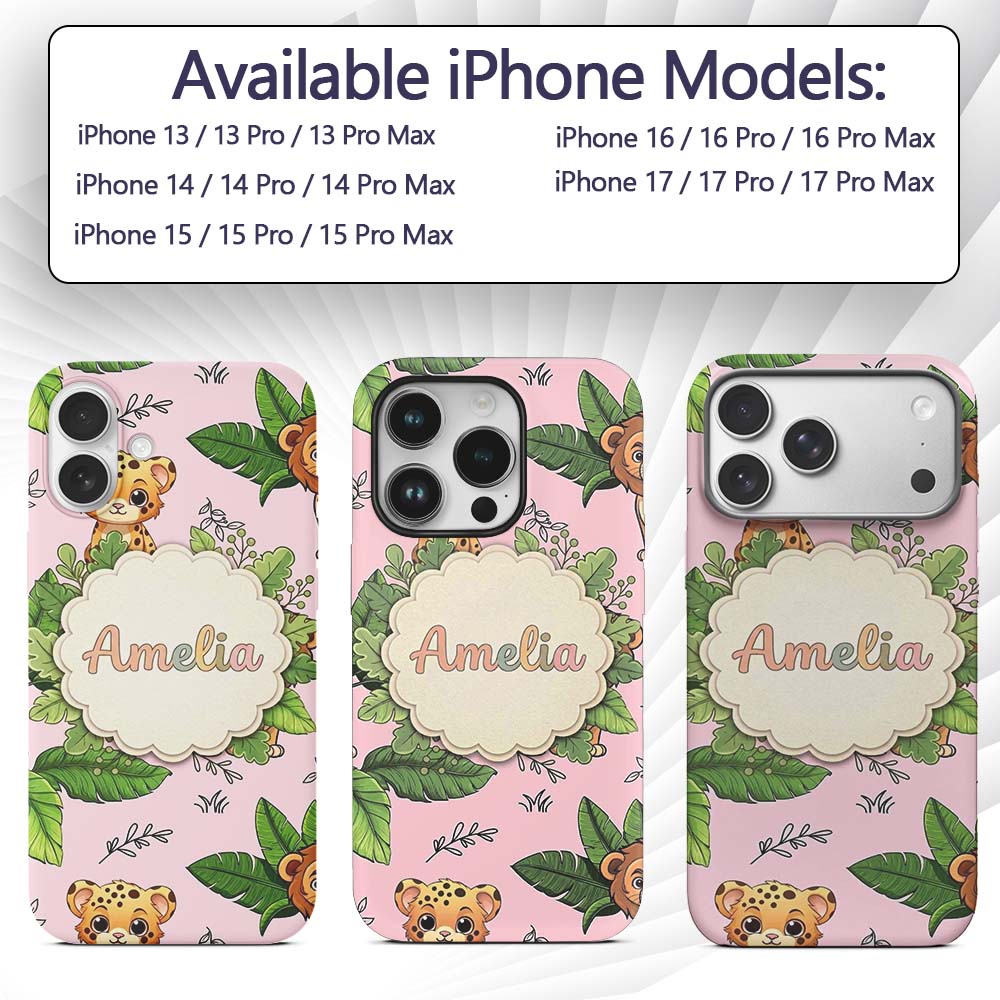 Cute Jungle Animals Lion Tiger Leopard Soft Beige Custom Name Protective Phone Case Mobile Cover Durable Everyday Smartphone Shock Resistant