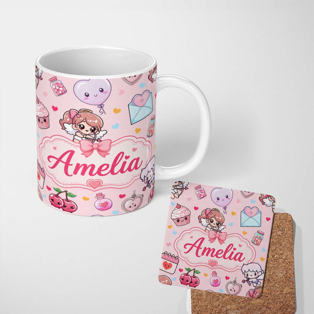 Personalized Custom Name Cupid Angels Hearts Sweets Kawaii Valentine Seamless Pattern Pink 11oz Ceramic Coffee Tea Mug White Large Handle