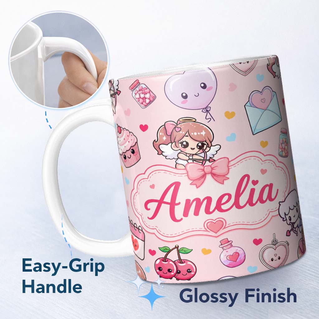 Personalized Custom Name Cupid Angels Hearts Sweets Kawaii Valentine Seamless Pattern Pink 11oz Ceramic Coffee Tea Mug White Large Handle