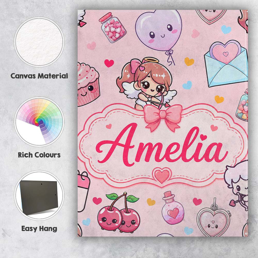 Personalised Name Cupid Angels Hearts Custom Modern Room Accent Creative Decorator Style Canvas Wall Art Print Decor Picture Ready to Hang