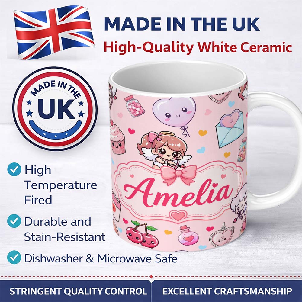 Personalized Custom Name Cupid Angels Hearts Sweets Kawaii Valentine Seamless Pattern Pink 11oz Ceramic Coffee Tea Mug White Large Handle