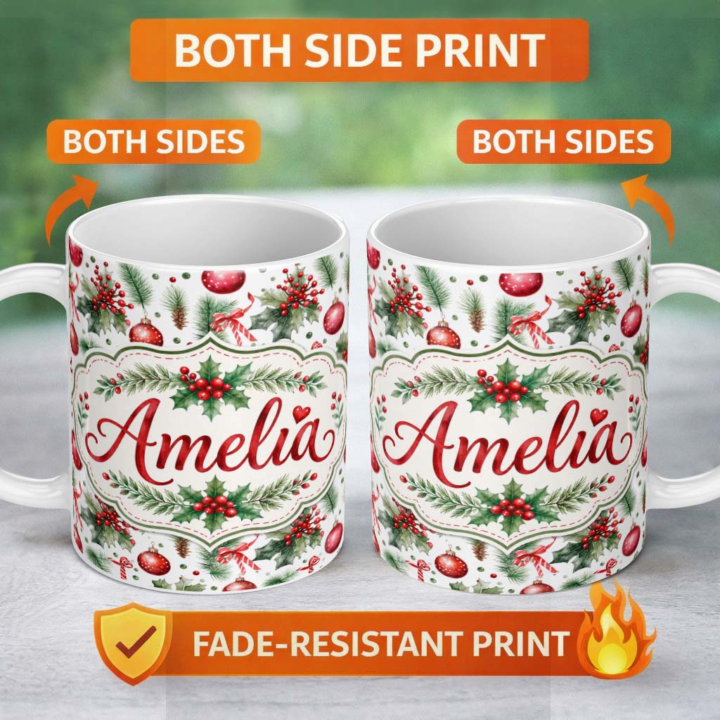 Personalized Custom Name Watercolor Holly Leaves Red Berries Baubles Festive Seamless Pattern 11oz Ceramic Coffee Tea Mug White Large Handle
