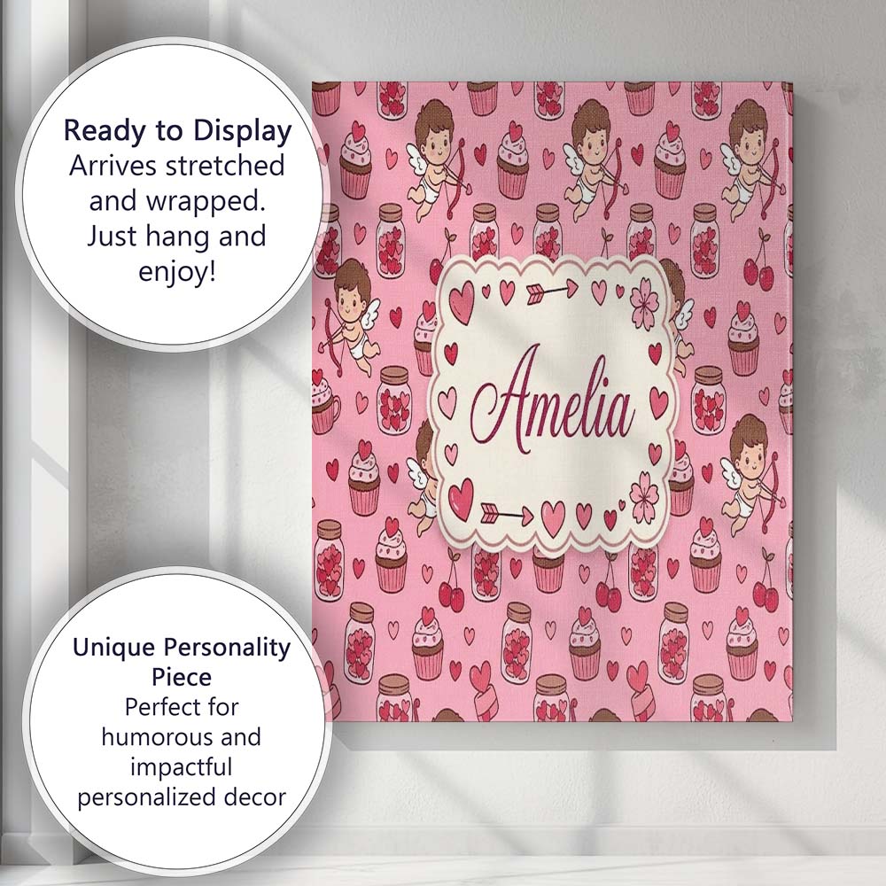 Personalised Name Cupid Angels Hearts Custom Modern Room Accent Creative Decorator Style Canvas Wall Art Print Decor Picture Ready to Hang