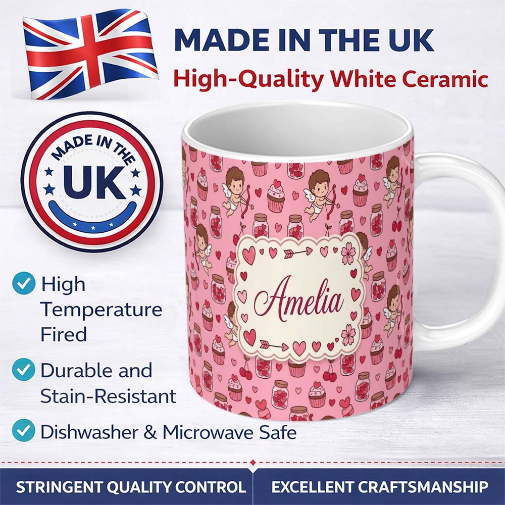 Personalized Custom Name Cupid Angels Hearts Sweets Kawaii Valentine Seamless Pattern Purple 11oz Ceramic Coffee Tea Mug White Large Handle