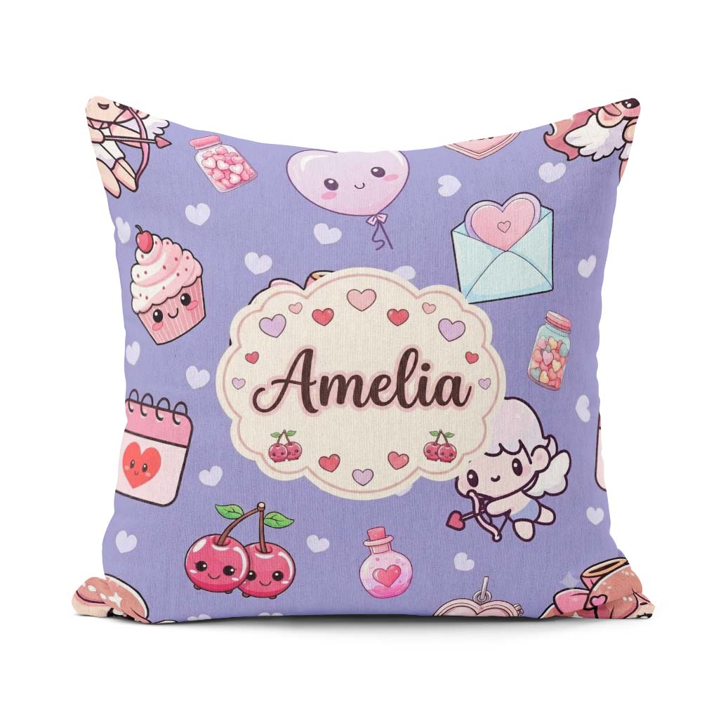 Custom Name Cupid Angels Hearts Sweets Kawaii Valentine Seamless Square Filled Cushion Throw Pillow Sofa Bed Home Decor Zip Washable UK Made