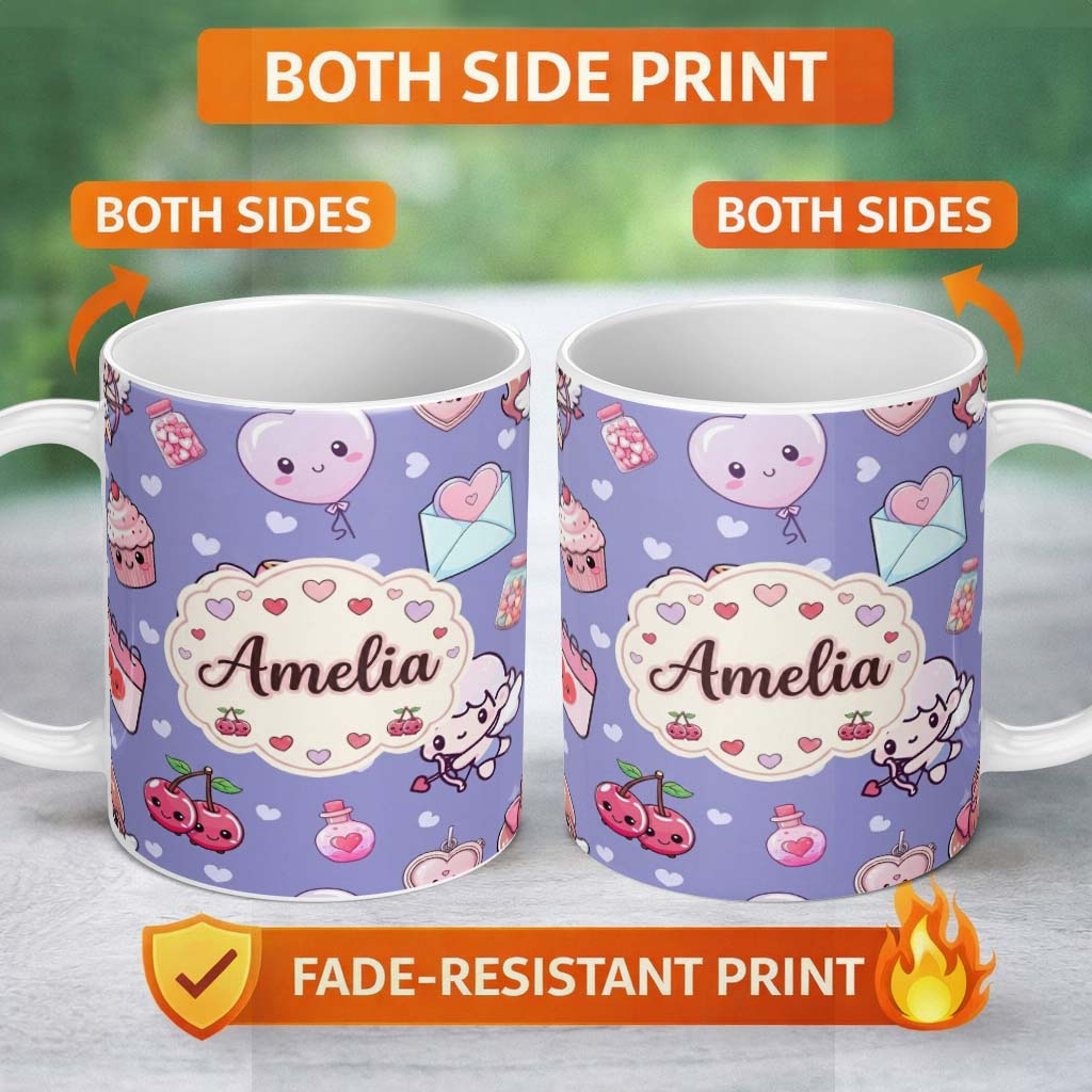 Personalized Custom Name Cupid Angels Hearts Sweets Kawaii Valentine Seamless Pattern Red 11oz Ceramic Coffee Tea Mug White Large Handle