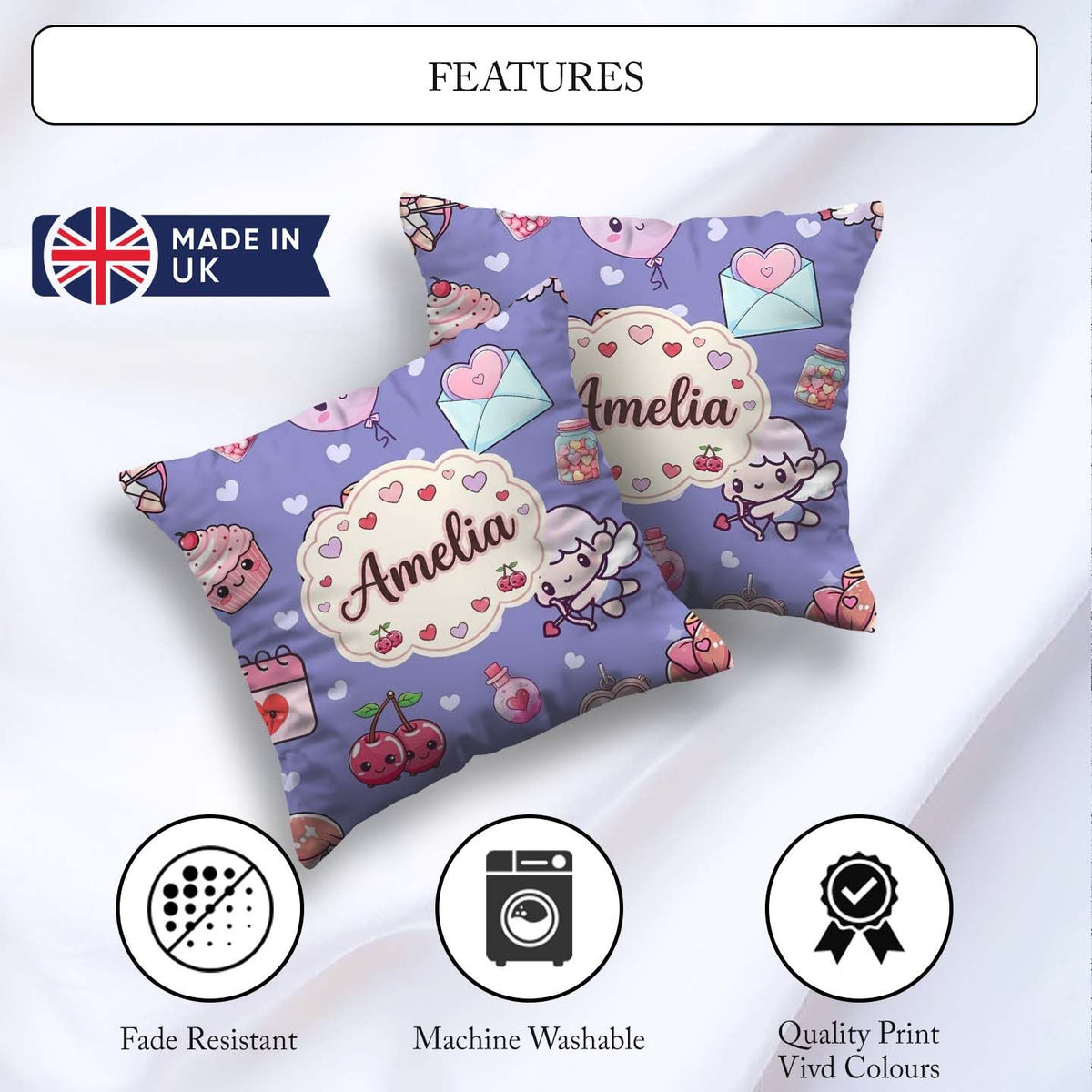 Custom Name Cupid Angels Hearts Sweets Kawaii Valentine Seamless Square Filled Cushion Throw Pillow Sofa Bed Home Decor Zip Washable UK Made