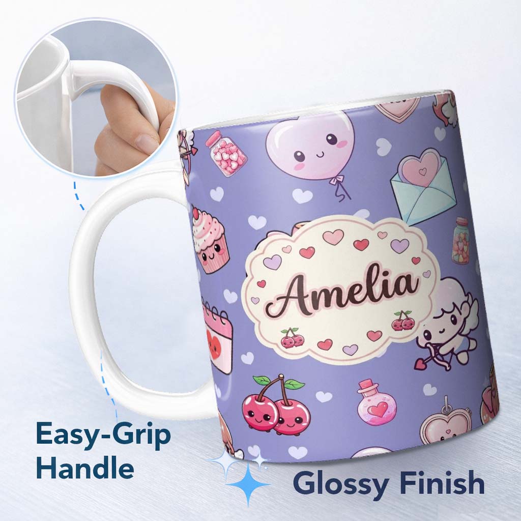 Personalized Custom Name Cupid Angels Hearts Sweets Kawaii Valentine Seamless Pattern Red 11oz Ceramic Coffee Tea Mug White Large Handle