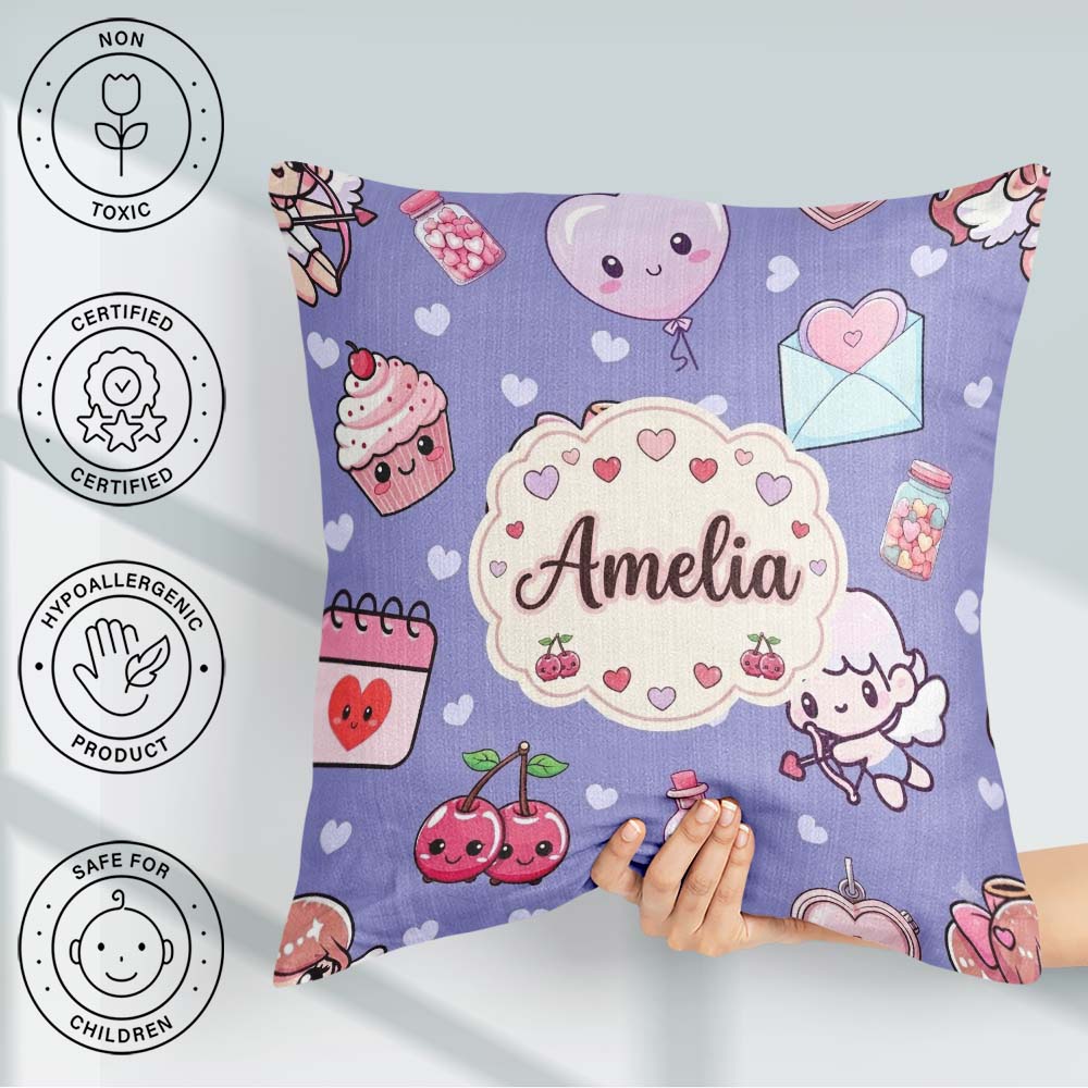 Custom Name Cupid Angels Hearts Sweets Kawaii Valentine Seamless Square Filled Cushion Throw Pillow Sofa Bed Home Decor Zip Washable UK Made