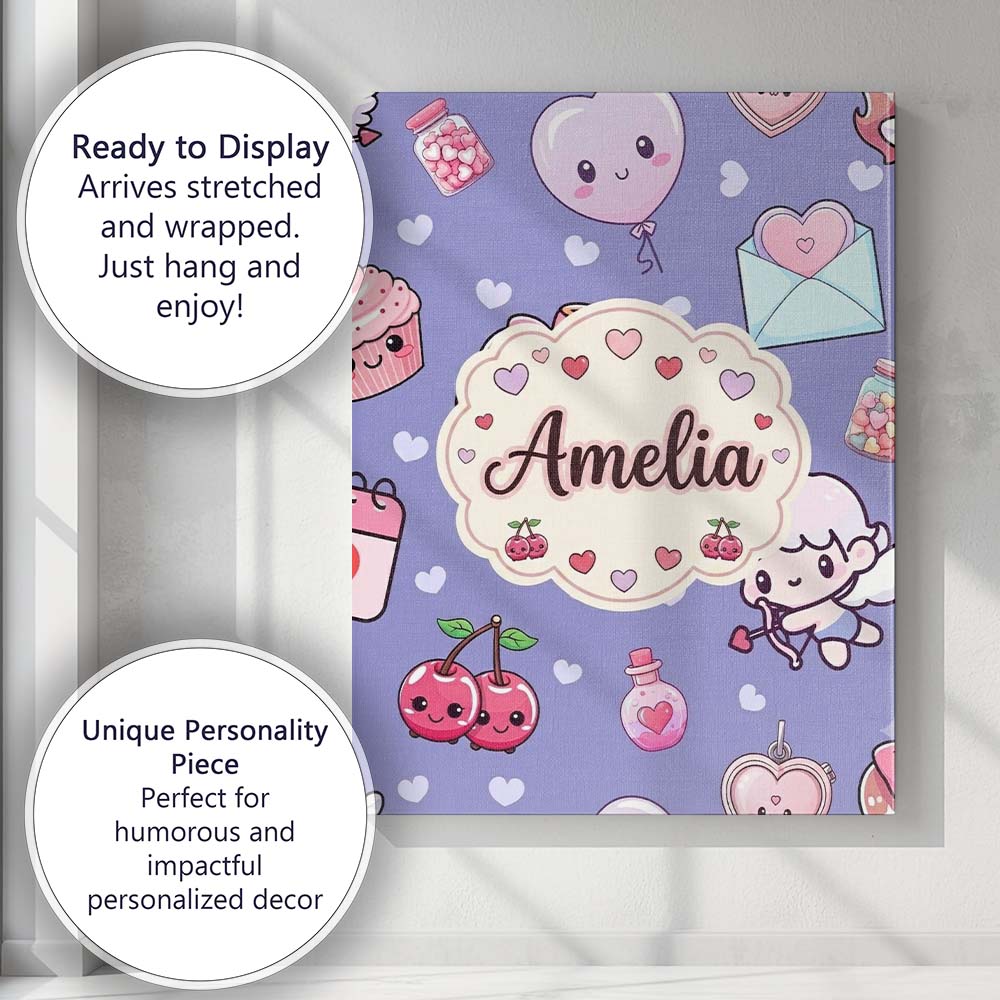 Personalised Name Cupid Angels Hearts Custom Modern Room Accent Creative Decorator Style Canvas Wall Art Print Decor Picture Ready to Hang