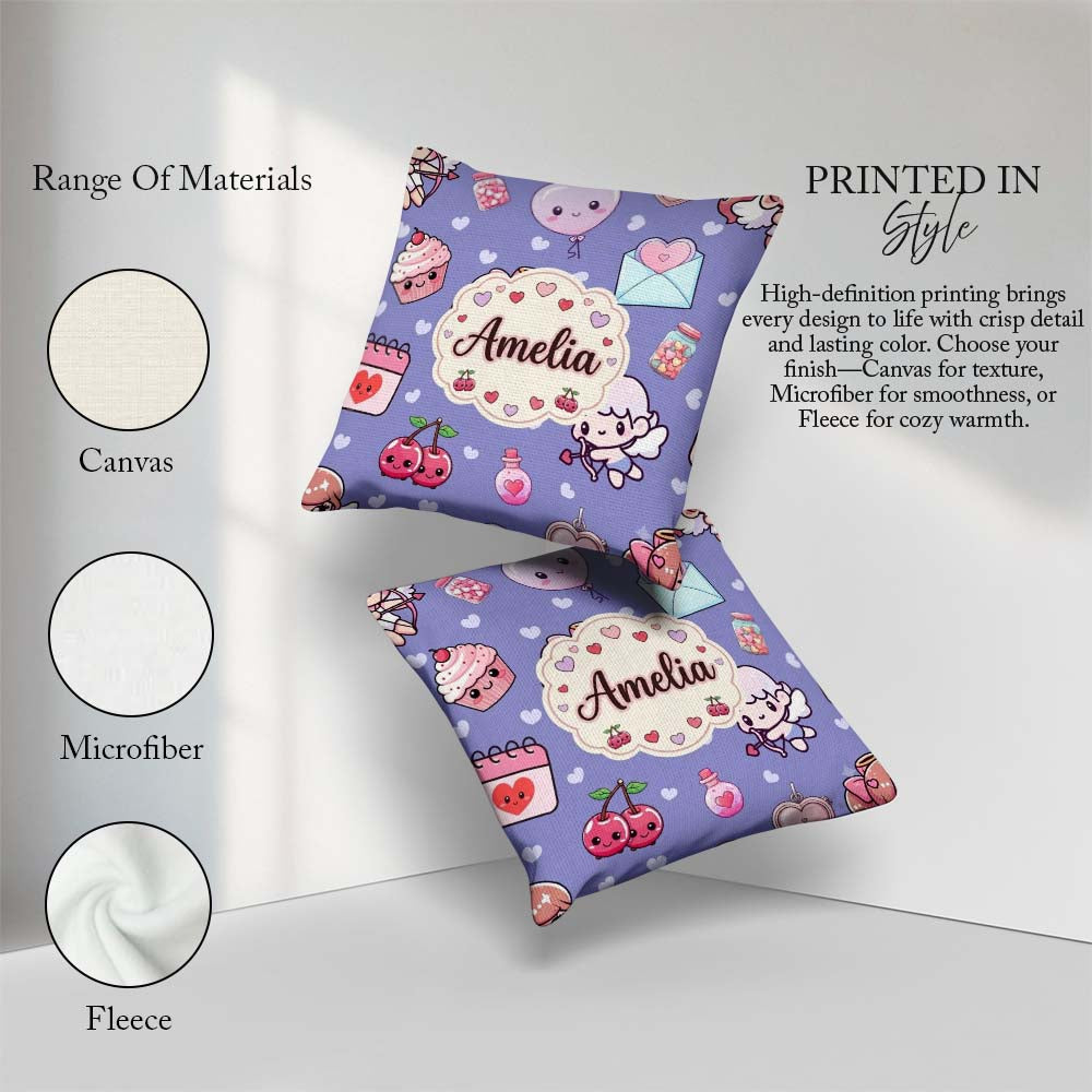 Custom Name Cupid Angels Hearts Sweets Kawaii Valentine Seamless Square Filled Cushion Throw Pillow Sofa Bed Home Decor Zip Washable UK Made