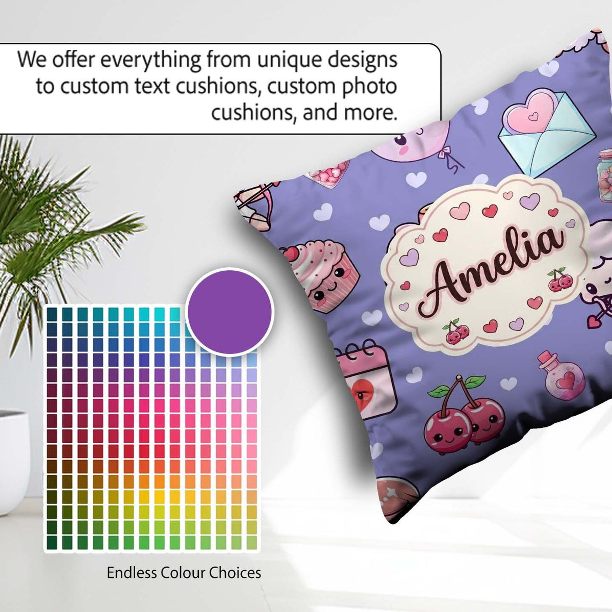 Custom Name Cupid Angels Hearts Sweets Kawaii Valentine Seamless Square Filled Cushion Throw Pillow Sofa Bed Home Decor Zip Washable UK Made
