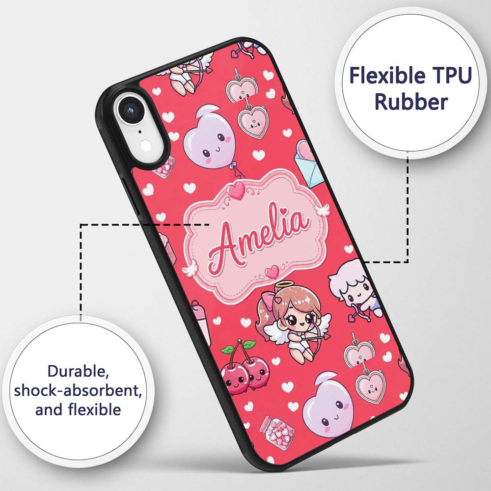 Cupid Angels Hearts Sweets Kawaii Printed Design Custom Name Protective Phone Case Mobile Cover Durable Everyday Smartphone Shock Resistant