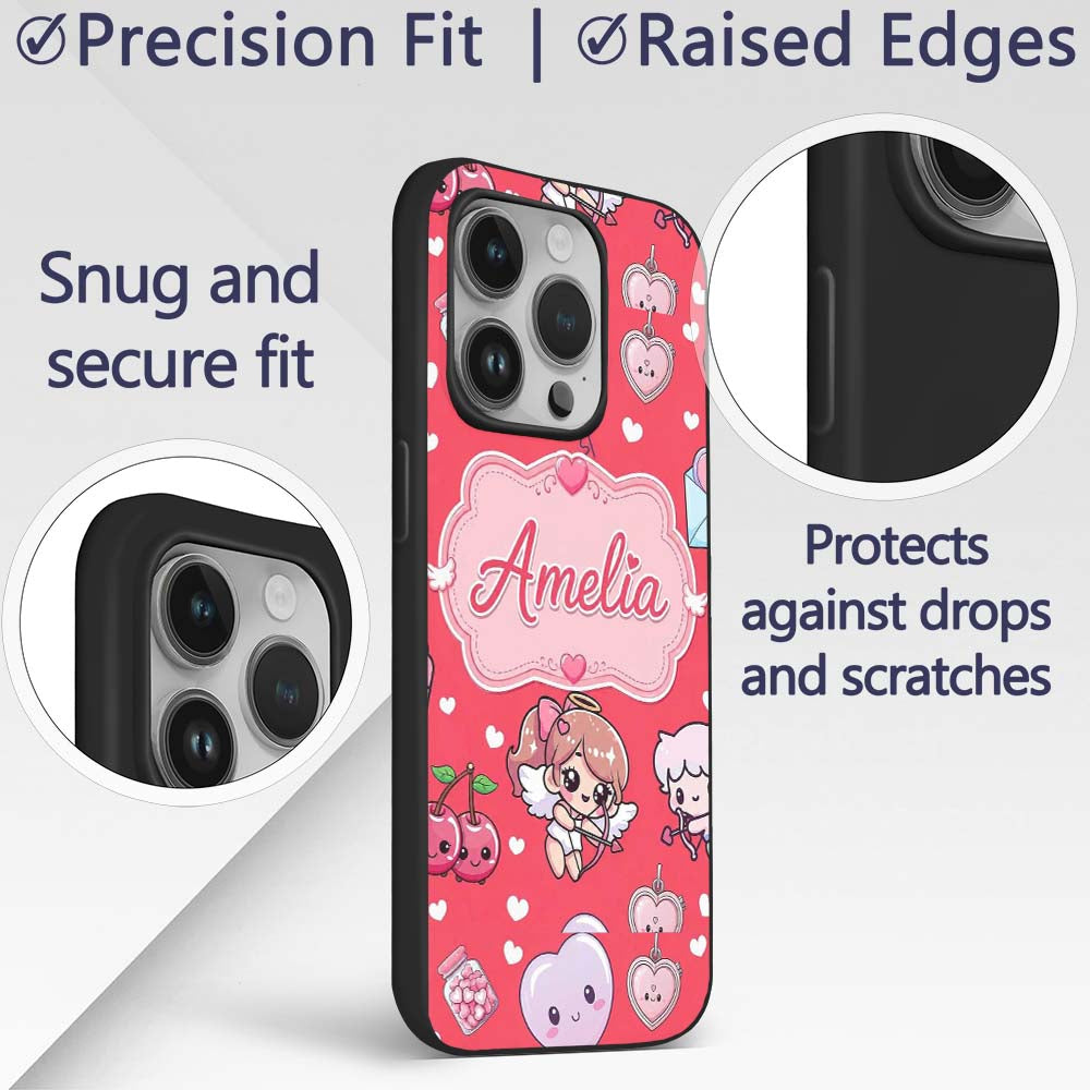 Cupid Angels Hearts Sweets Kawaii Printed Design Custom Name Protective Phone Case Mobile Cover Durable Everyday Smartphone Shock Resistant